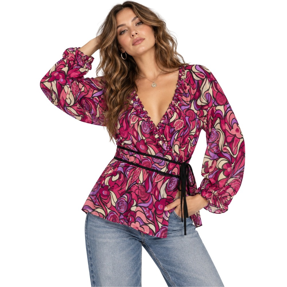 Vintage Y2K Retro Floral Sheer Ruffle Wrap Blouse Notations Women XL Pink Hippie
